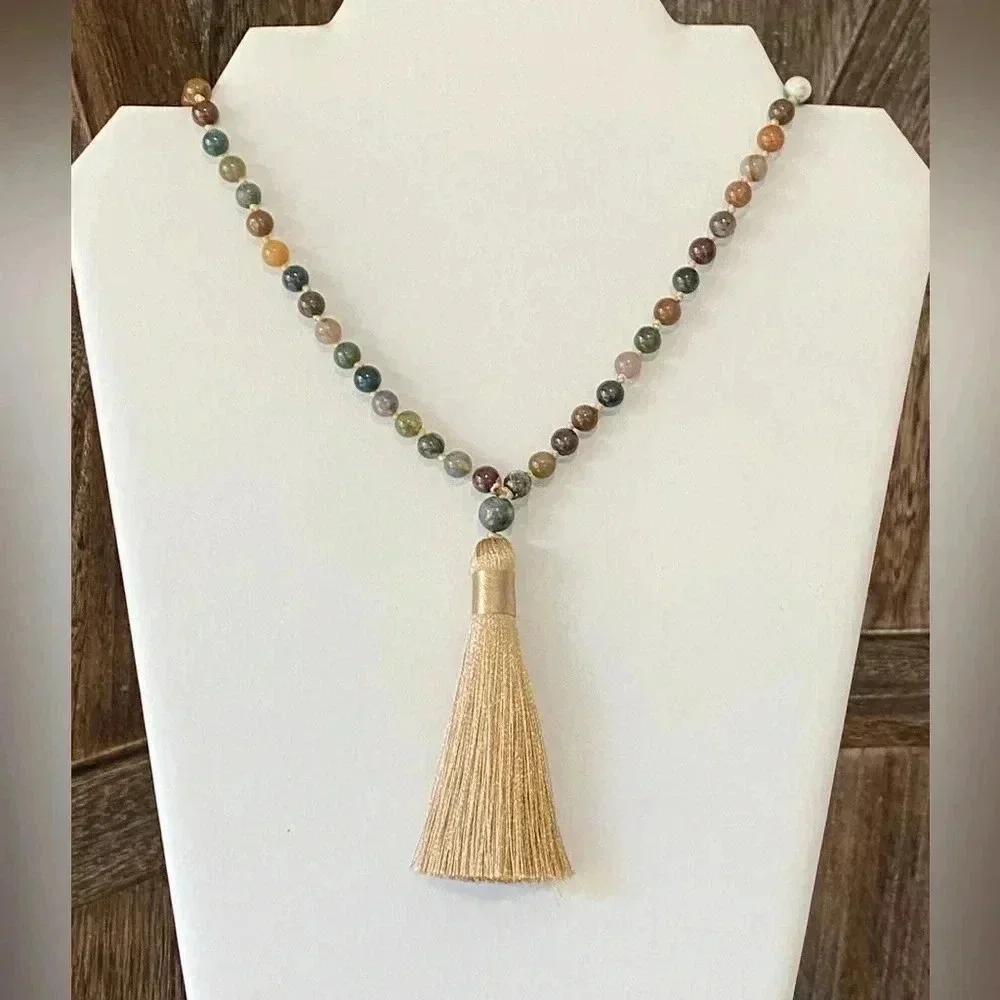 Handmade Mala Buddha Prayer Beads Necklace with Tassel Indian Agate NWT
